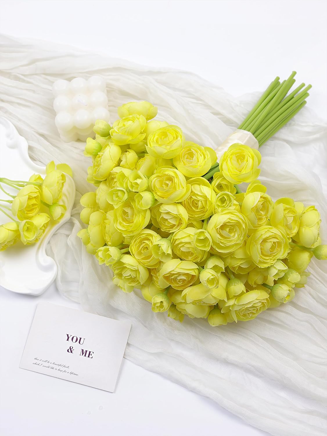 32Pcs Yellow Ranunculus Artificial Flowers for DIY Home Wedding | Fake Peonies, Real Touch Silk Faux Mini Ranunculus Filler Flowers Bulk for Vase Centerpieces, Bridal Shower Decor