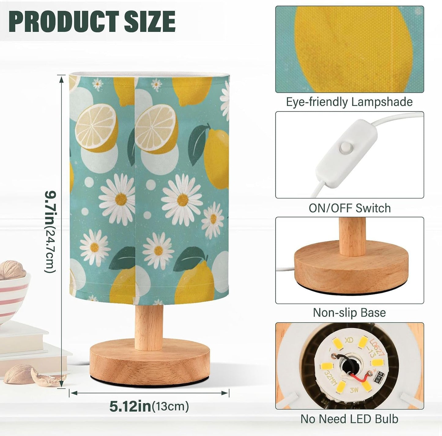 Bedside Table Lamp Lemon Yellow Citrus Fruits (99) Kids Nightstand Lamp Night Light Fabric Shade for Bedroom Living Room Home Office