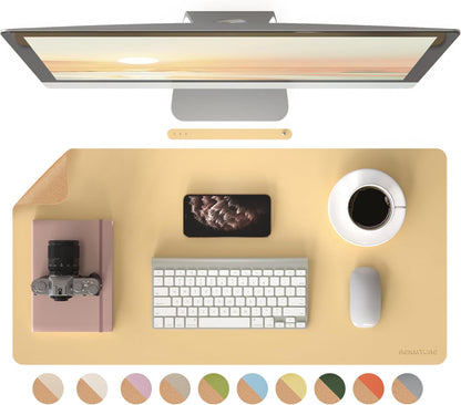 Desk Pad, Cork & PU Leather Desk Mat, Large Mouse pad, Non-Slip Desk Protector and Blotter, Waterproof Writing Pad, Desk Accessories and Organizers for Home Office (Light Yellow, 32"x16")