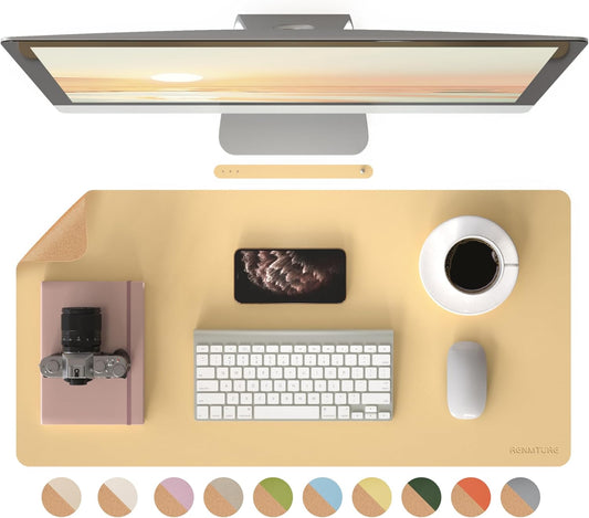 Desk Pad, Cork & PU Leather Desk Mat, Large Mouse pad, Non-Slip Desk Protector and Blotter, Waterproof Writing Pad, Desk Accessories and Organizers for Home Office (Light Yellow, 32"x16")