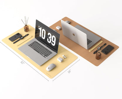 Desk Pad, Cork & PU Leather Desk Mat, Large Mouse pad, Non-Slip Desk Protector and Blotter, Waterproof Writing Pad, Desk Accessories and Organizers for Home Office (Light Yellow, 32"x16")