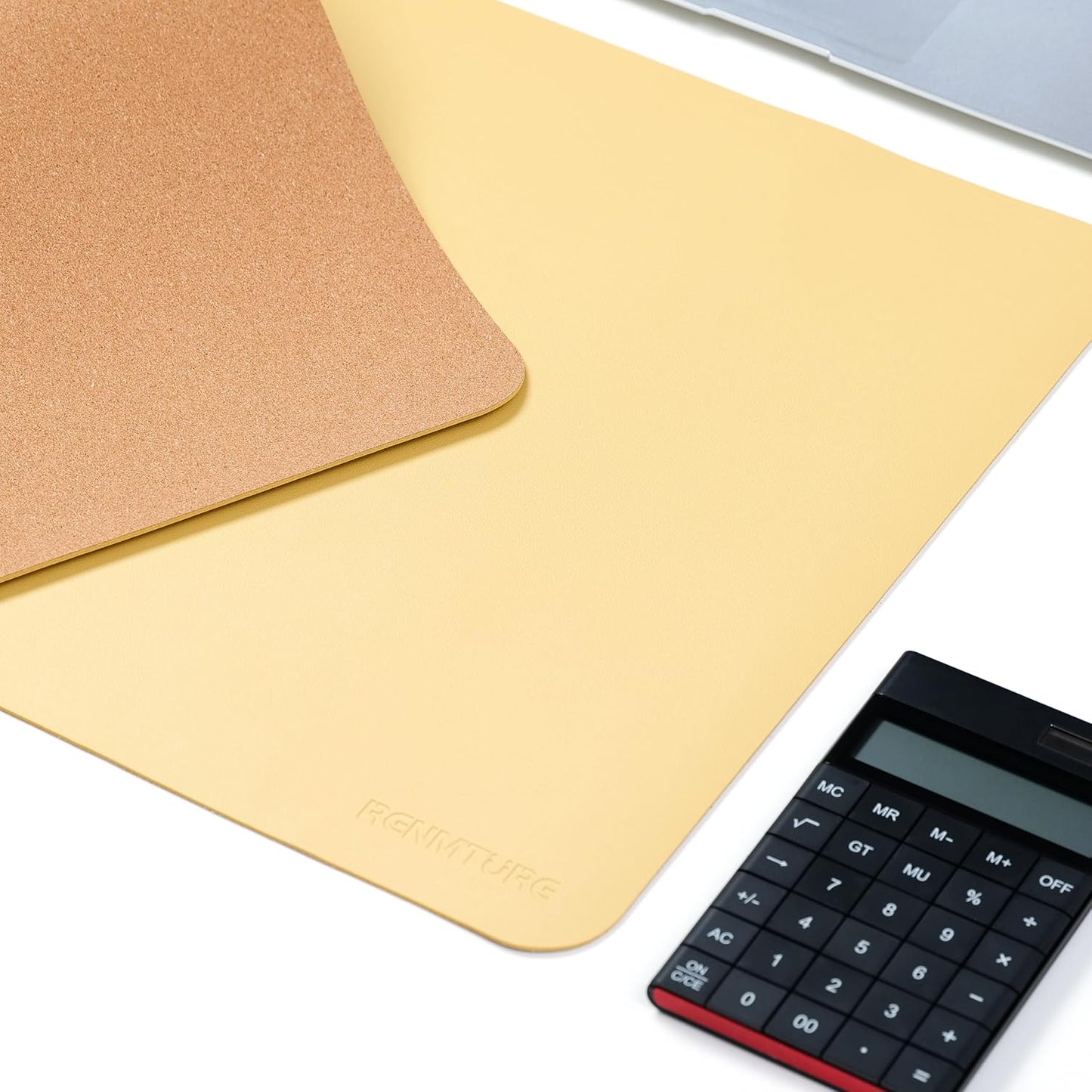 Desk Pad, Cork & PU Leather Desk Mat, Large Mouse pad, Non-Slip Desk Protector and Blotter, Waterproof Writing Pad, Desk Accessories and Organizers for Home Office (Light Yellow, 32"x16")