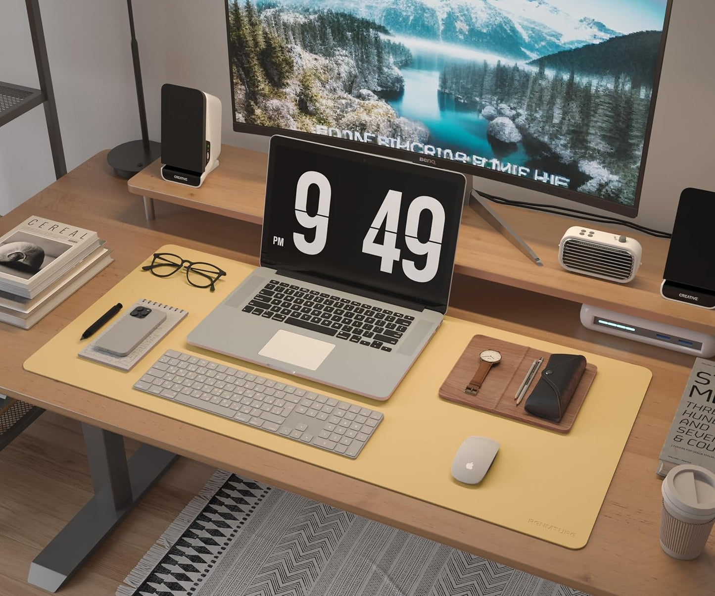 Desk Pad, Cork & PU Leather Desk Mat, Large Mouse pad, Non-Slip Desk Protector and Blotter, Waterproof Writing Pad, Desk Accessories and Organizers for Home Office (Light Yellow, 32"x16")