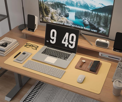Desk Pad, Cork & PU Leather Desk Mat, Large Mouse pad, Non-Slip Desk Protector and Blotter, Waterproof Writing Pad, Desk Accessories and Organizers for Home Office (Light Yellow, 32"x16")
