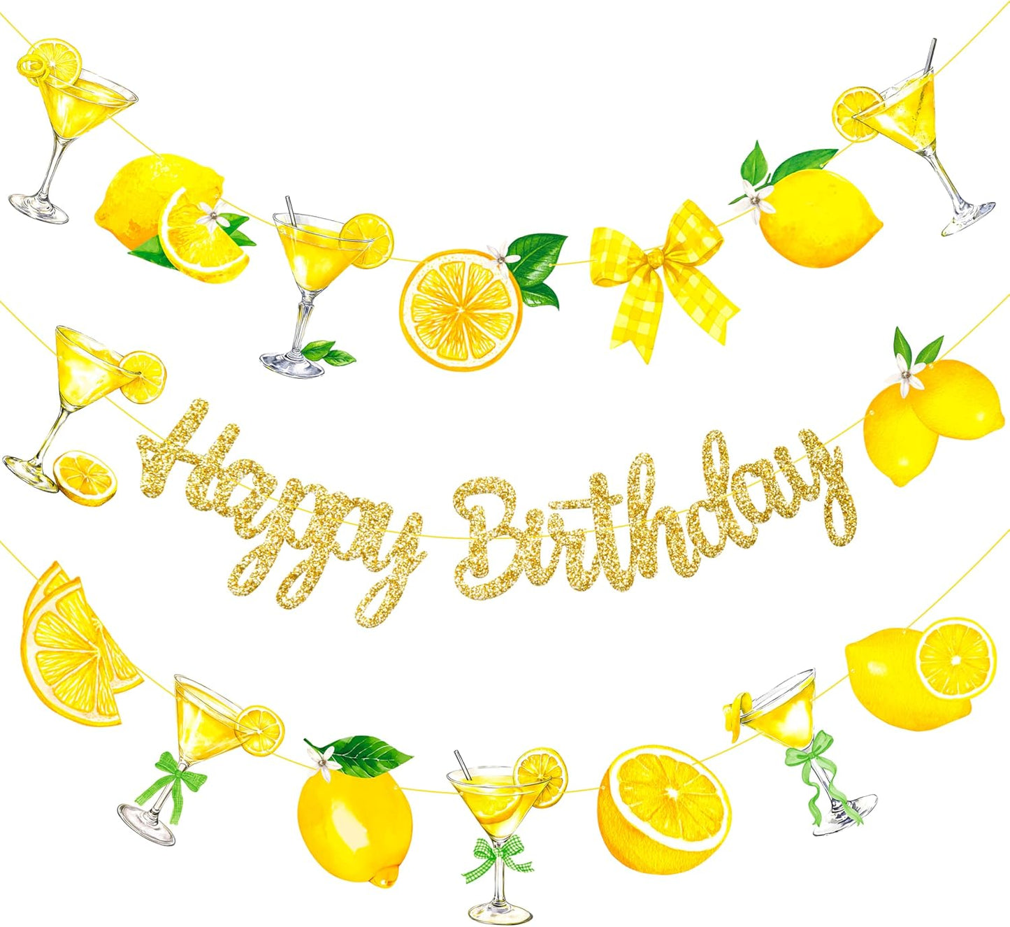 Lemon Martini Happy Birthday Banner Lemonade Birthday Party Decorations 3Pcs Gold Glitter Lemon Cocktail Bow Banners Lemonade Themed Party Supplies for Summer Circus Bachelorette Decor