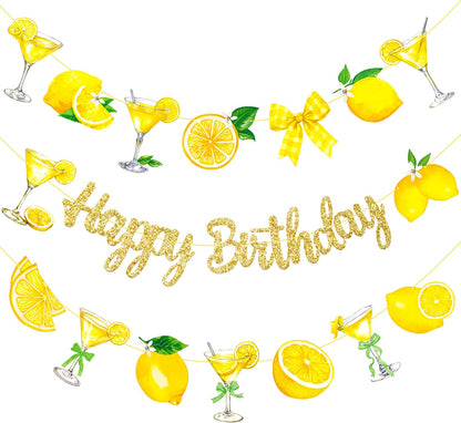 Lemon Martini Happy Birthday Banner Lemonade Birthday Party Decorations 3Pcs Gold Glitter Lemon Cocktail Bow Banners Lemonade Themed Party Supplies for Summer Circus Bachelorette Decor