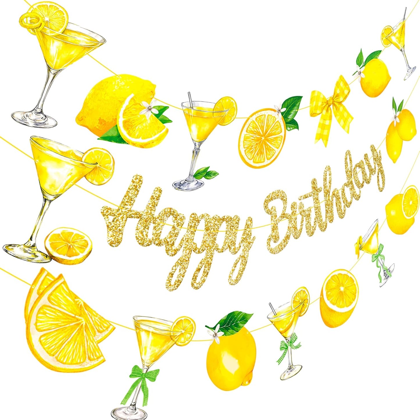 Lemon Martini Happy Birthday Banner Lemonade Birthday Party Decorations 3Pcs Gold Glitter Lemon Cocktail Bow Banners Lemonade Themed Party Supplies for Summer Circus Bachelorette Decor