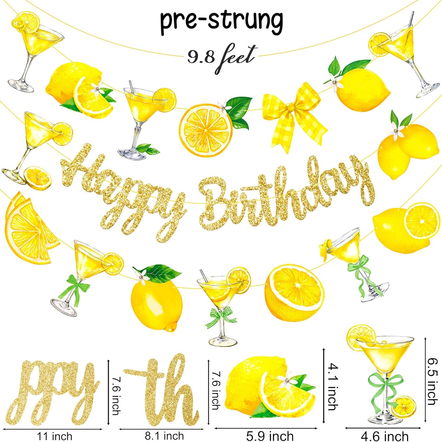 Lemon Martini Happy Birthday Banner Lemonade Birthday Party Decorations 3Pcs Gold Glitter Lemon Cocktail Bow Banners Lemonade Themed Party Supplies for Summer Circus Bachelorette Decor
