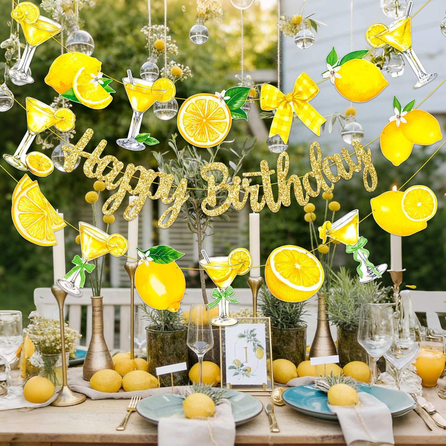 Lemon Martini Happy Birthday Banner Lemonade Birthday Party Decorations 3Pcs Gold Glitter Lemon Cocktail Bow Banners Lemonade Themed Party Supplies for Summer Circus Bachelorette Decor