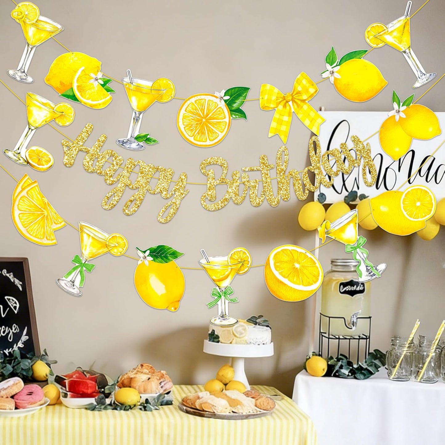 Lemon Martini Happy Birthday Banner Lemonade Birthday Party Decorations 3Pcs Gold Glitter Lemon Cocktail Bow Banners Lemonade Themed Party Supplies for Summer Circus Bachelorette Decor