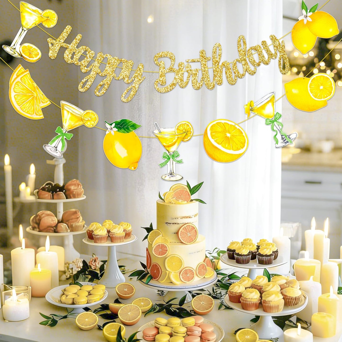 Lemon Martini Happy Birthday Banner Lemonade Birthday Party Decorations 3Pcs Gold Glitter Lemon Cocktail Bow Banners Lemonade Themed Party Supplies for Summer Circus Bachelorette Decor