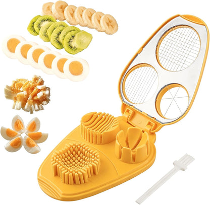 3 in 1 Boiled Egg Slicer, 3 Slice Modes Chopper Cutter with Brush, Manual Egg Slicer Steel Wire Dicer for Hard Boiled Eggs, Kitchen Gadget for Soft Fruit Butter, Labor Saving (Yellow)