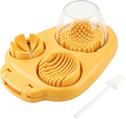 3 in 1 Boiled Egg Slicer, 3 Slice Modes Chopper Cutter with Brush, Manual Egg Slicer Steel Wire Dicer for Hard Boiled Eggs, Kitchen Gadget for Soft Fruit Butter, Labor Saving (Yellow)