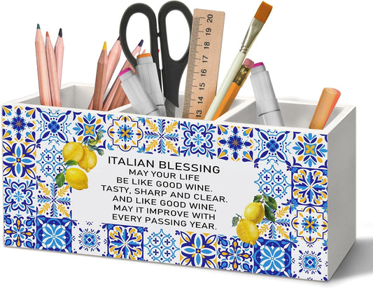Italian Blessing Lemon Pen Holder Organizer for Desk Accessories, Mediterranean Italy Blue and White Wooden Box Sign Desk Decorations for Home Office Tabletop Decor, Lemon Gifts for Women