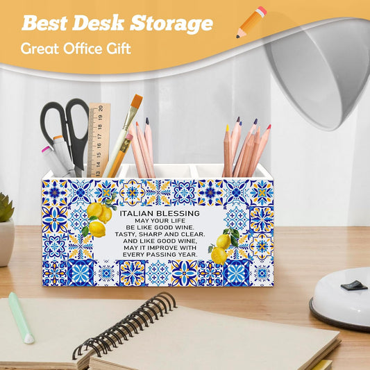 Italian Blessing Lemon Pen Holder Organizer for Desk Accessories, Mediterranean Italy Blue and White Wooden Box Sign Desk Decorations for Home Office Tabletop Decor, Lemon Gifts for Women