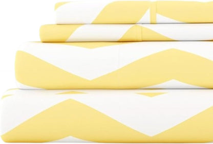 Double-Brushed Patterned Microfiber California King Sheet Set 4 Piece – Oeko-TEX Certified Ultra Soft & Wrinkle-Free - 16" Deep Pocket Sheets Easy Care Cal-King Size - Arrow Yellow