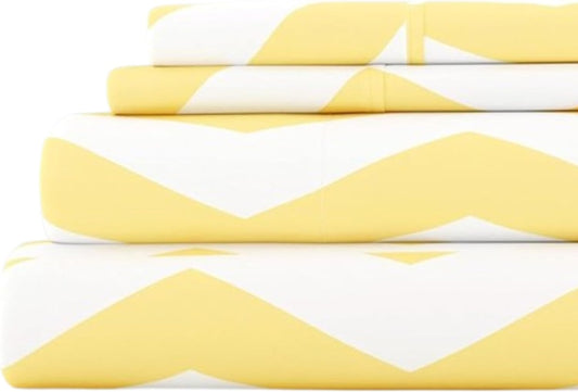 Double-Brushed Patterned Microfiber California King Sheet Set 4 Piece – Oeko-TEX Certified Ultra Soft & Wrinkle-Free - 16" Deep Pocket Sheets Easy Care Cal-King Size - Arrow Yellow