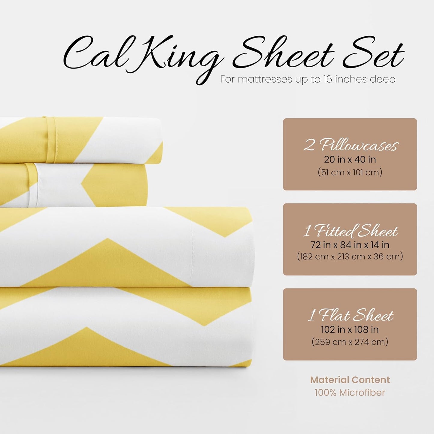 Double-Brushed Patterned Microfiber California King Sheet Set 4 Piece – Oeko-TEX Certified Ultra Soft & Wrinkle-Free - 16" Deep Pocket Sheets Easy Care Cal-King Size - Arrow Yellow