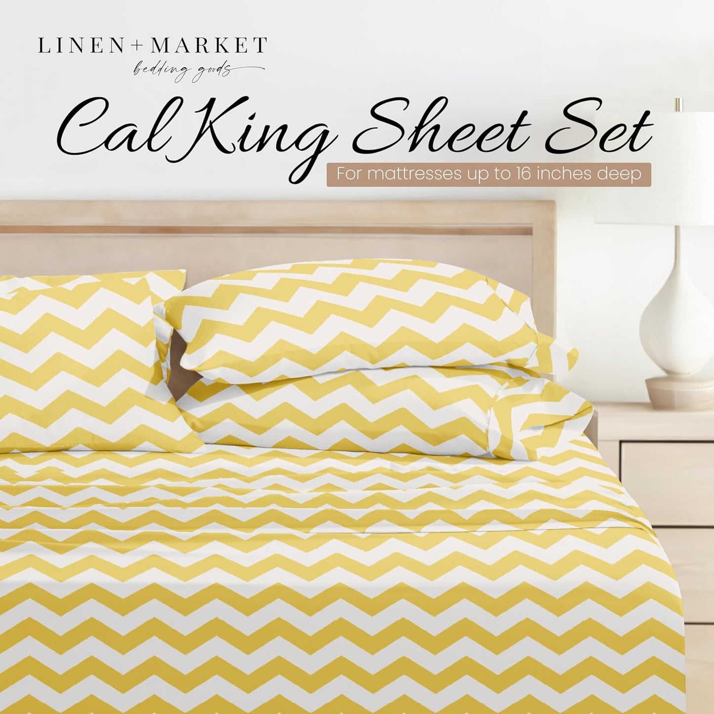 Double-Brushed Patterned Microfiber California King Sheet Set 4 Piece – Oeko-TEX Certified Ultra Soft & Wrinkle-Free - 16" Deep Pocket Sheets Easy Care Cal-King Size - Arrow Yellow