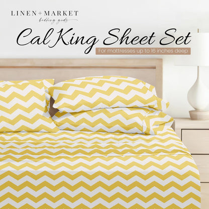 Double-Brushed Patterned Microfiber California King Sheet Set 4 Piece – Oeko-TEX Certified Ultra Soft & Wrinkle-Free - 16" Deep Pocket Sheets Easy Care Cal-King Size - Arrow Yellow