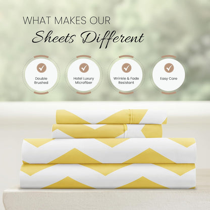 Double-Brushed Patterned Microfiber California King Sheet Set 4 Piece – Oeko-TEX Certified Ultra Soft & Wrinkle-Free - 16" Deep Pocket Sheets Easy Care Cal-King Size - Arrow Yellow