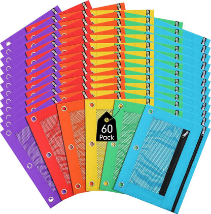 60 Pack Pencil Pouch for 3 Ring Binder Mesh Zipper Pencil Case Bags Binder Pouches Bulk for Writing Utensils Storage Supplies (Red,Orange,Yellow,Green,Aqua,Purple)
