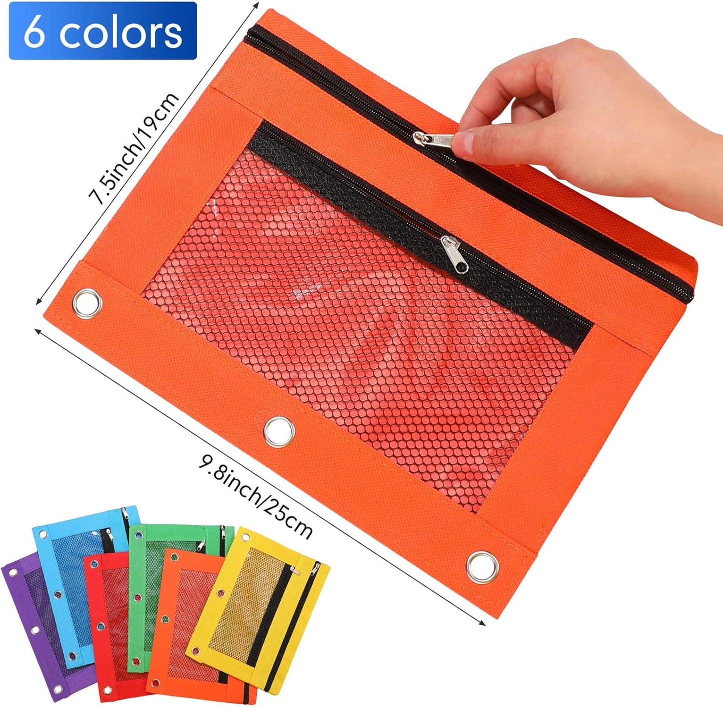 60 Pack Pencil Pouch for 3 Ring Binder Mesh Zipper Pencil Case Bags Binder Pouches Bulk for Writing Utensils Storage Supplies (Red,Orange,Yellow,Green,Aqua,Purple)