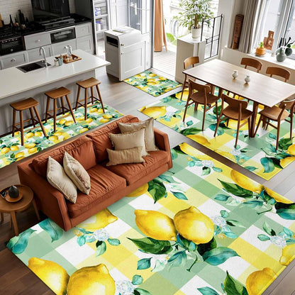 Rectangle Area Rug for Living Room Summer Lemon Fruit Green Leaf Soft Non Slip Carpet Low Pile Rugs, Light Yellow Green Check Large Warm Washable Throw Rug for Bedroom Dining Room Dorm 2x3ft