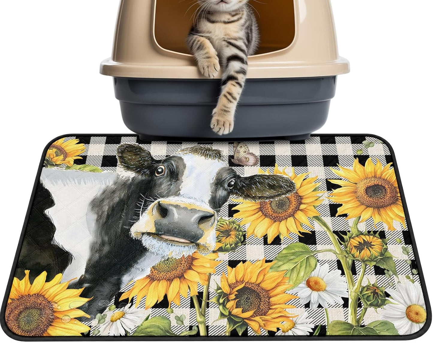 Sunflowers Cow Cat Litter Mat 24x18, Farm Cows Yellow Floral White Black Plaid Kitty Litter Box mat for Cat Machine Washable Easy Clean Soft Non-Slip Pet Food Mats for Floor Rug