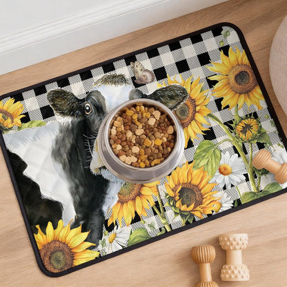 Sunflowers Cow Cat Litter Mat 24x18, Farm Cows Yellow Floral White Black Plaid Kitty Litter Box mat for Cat Machine Washable Easy Clean Soft Non-Slip Pet Food Mats for Floor Rug