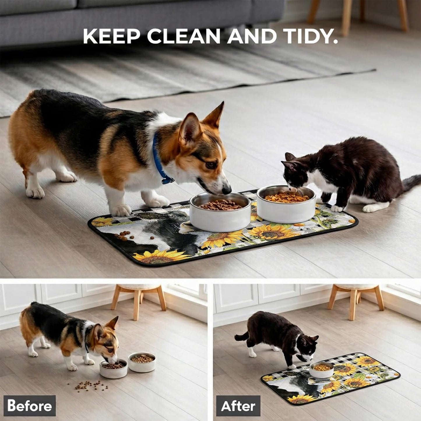 Sunflowers Cow Cat Litter Mat 24x18, Farm Cows Yellow Floral White Black Plaid Kitty Litter Box mat for Cat Machine Washable Easy Clean Soft Non-Slip Pet Food Mats for Floor Rug
