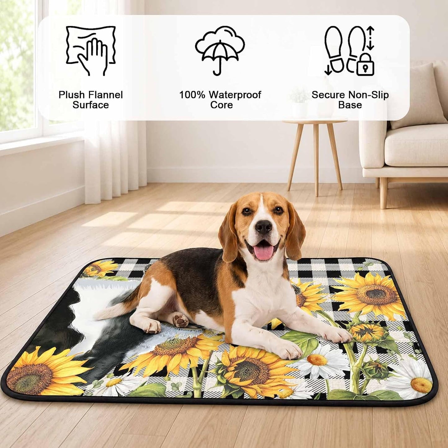 Sunflowers Cow Cat Litter Mat 24x18, Farm Cows Yellow Floral White Black Plaid Kitty Litter Box mat for Cat Machine Washable Easy Clean Soft Non-Slip Pet Food Mats for Floor Rug