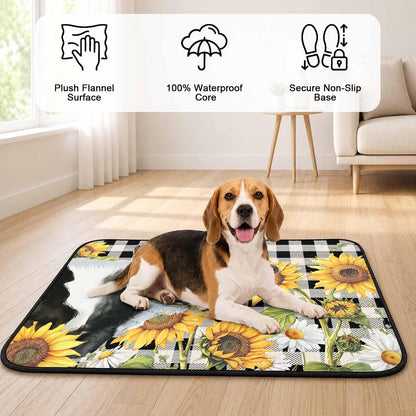 Sunflowers Cow Cat Litter Mat 24x18, Farm Cows Yellow Floral White Black Plaid Kitty Litter Box mat for Cat Machine Washable Easy Clean Soft Non-Slip Pet Food Mats for Floor Rug