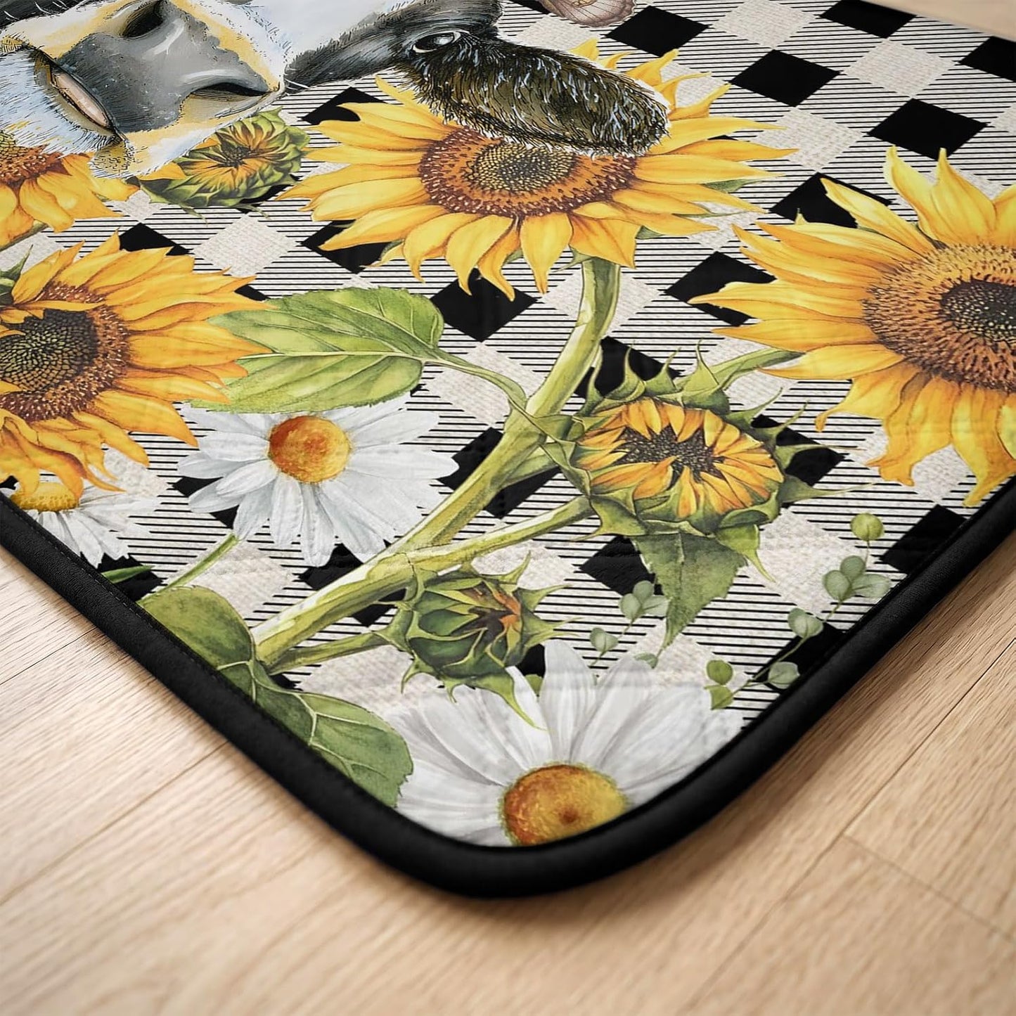Sunflowers Cow Cat Litter Mat 24x18, Farm Cows Yellow Floral White Black Plaid Kitty Litter Box mat for Cat Machine Washable Easy Clean Soft Non-Slip Pet Food Mats for Floor Rug