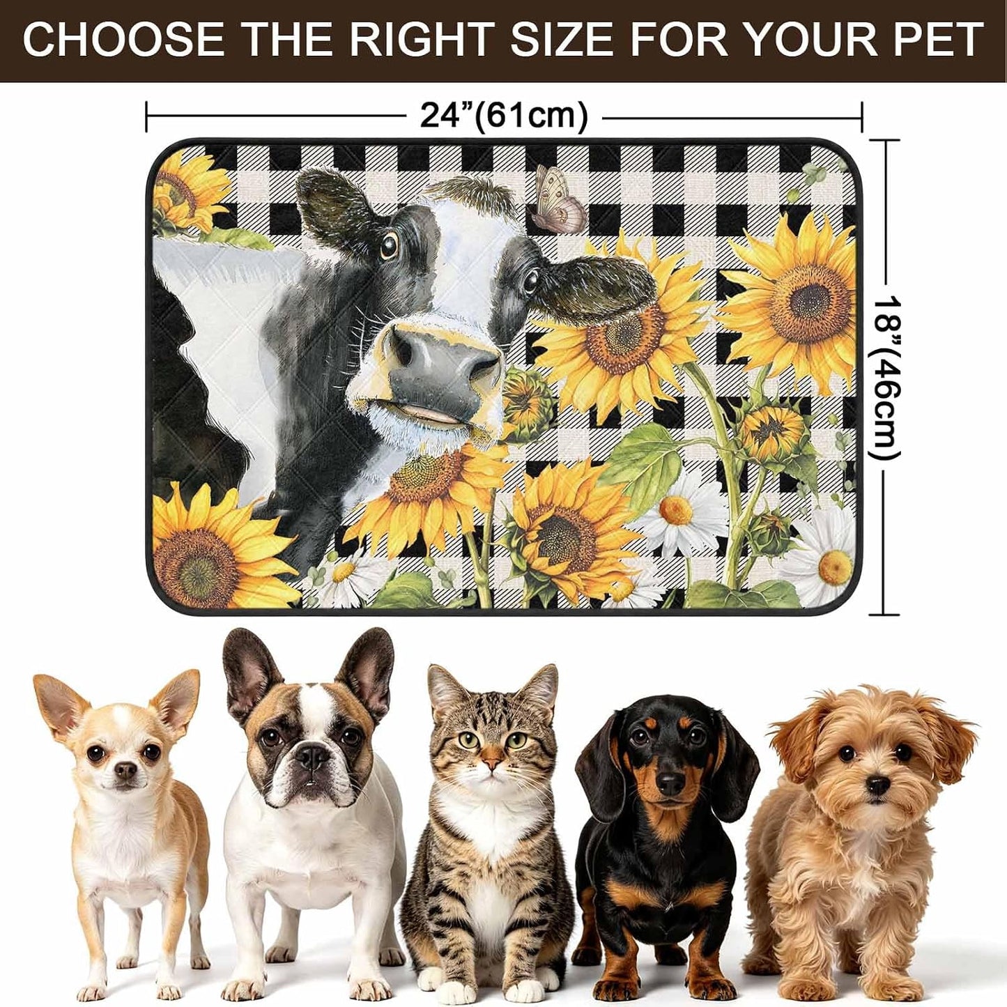 Sunflowers Cow Cat Litter Mat 24x18, Farm Cows Yellow Floral White Black Plaid Kitty Litter Box mat for Cat Machine Washable Easy Clean Soft Non-Slip Pet Food Mats for Floor Rug