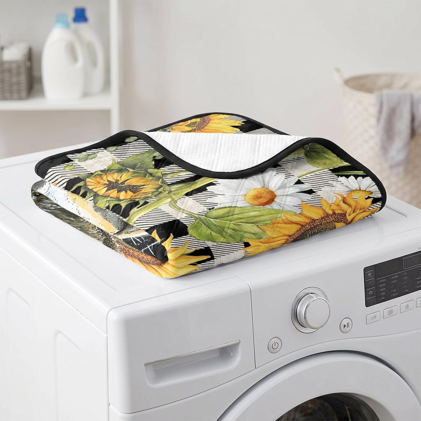 Sunflowers Cow Cat Litter Mat 24x18, Farm Cows Yellow Floral White Black Plaid Kitty Litter Box mat for Cat Machine Washable Easy Clean Soft Non-Slip Pet Food Mats for Floor Rug