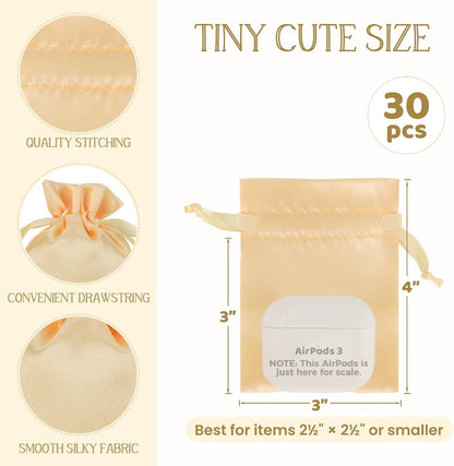 30Pcs Small Satin Gift Bags, 3x4 Yellow Cloth Drawstring Pouch | For Wedding Favors, Baby Shower, Small Businesses, Birthday Event, Summer Vacation Party Favors, Jewelry, Candy, Coin