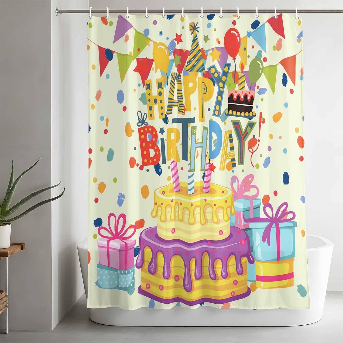 Shower Curtain, Happy Birthday Text Waterproof Polyester Fabric Bath Curtain with Hooks for Bathroom Bathtub Stalls, Cartoon Cake Ribbon Dots 60x72IN