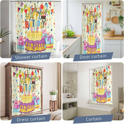 Shower Curtain, Happy Birthday Text Waterproof Polyester Fabric Bath Curtain with Hooks for Bathroom Bathtub Stalls, Cartoon Cake Ribbon Dots 60x72IN