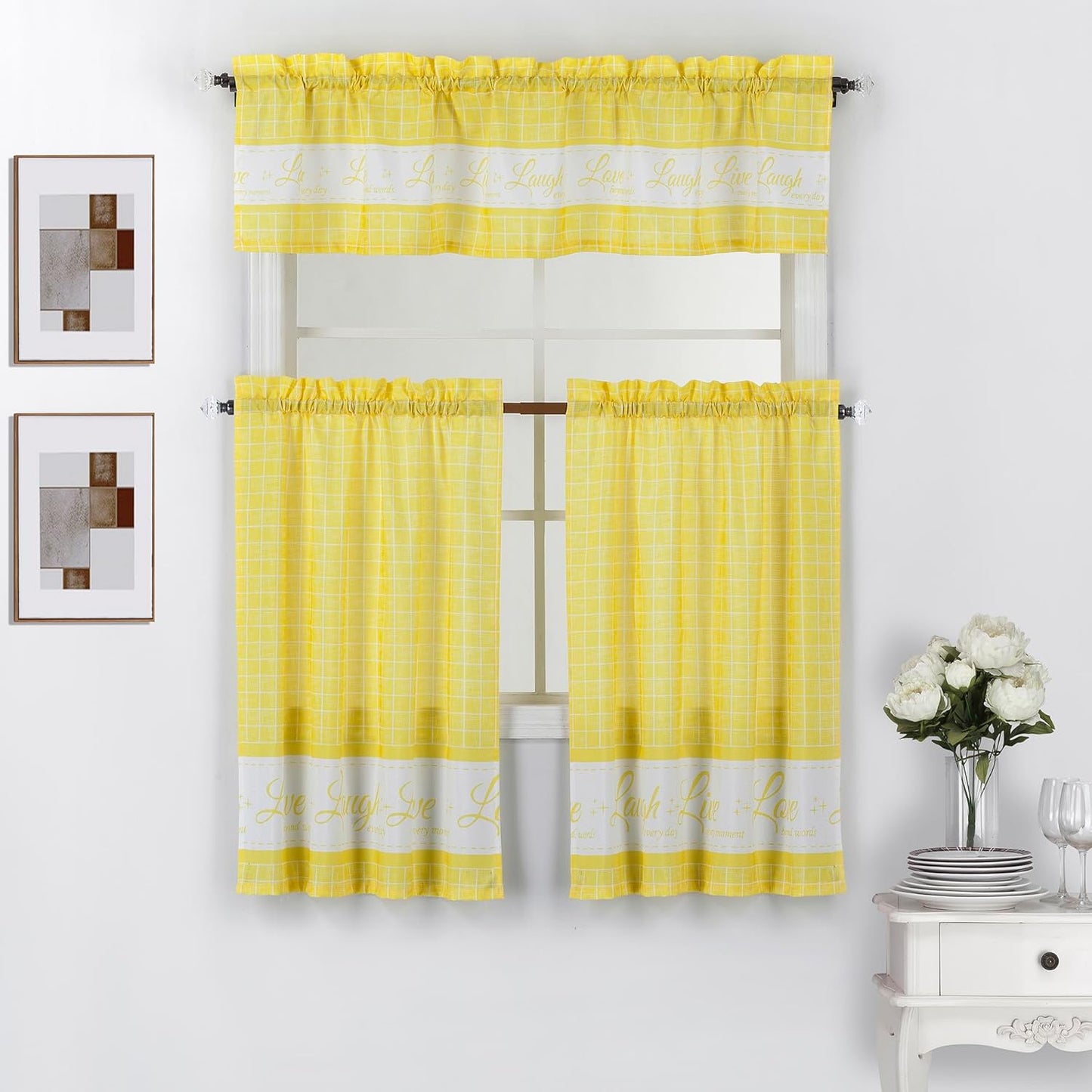 Live Love Laugh 3 Piece Printed Kitchen Window Curtain Valance and Tier Panels Set (Yellow, 36" Tiers Set)