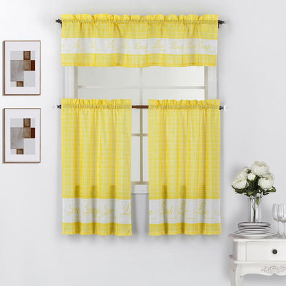 Live Love Laugh 3 Piece Printed Kitchen Window Curtain Valance and Tier Panels Set (Yellow, 36" Tiers Set)