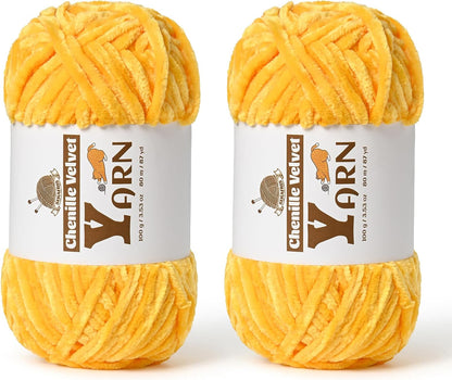 Chenille Crochet Golden Yellow Yarn 2 Pack | Fluffy Velvet Yarn Blanket Knitting Yarn for Crocheting Soft Baby Yarn
