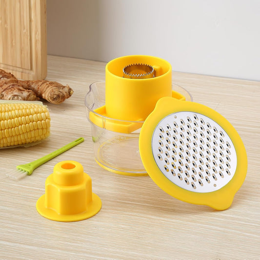 Corn Stripper and Grater, 3 in 1 Corn Peeler from Corn on the Cob, with Measuring Container, Safety Handle & Cleaning Brush，Yellow