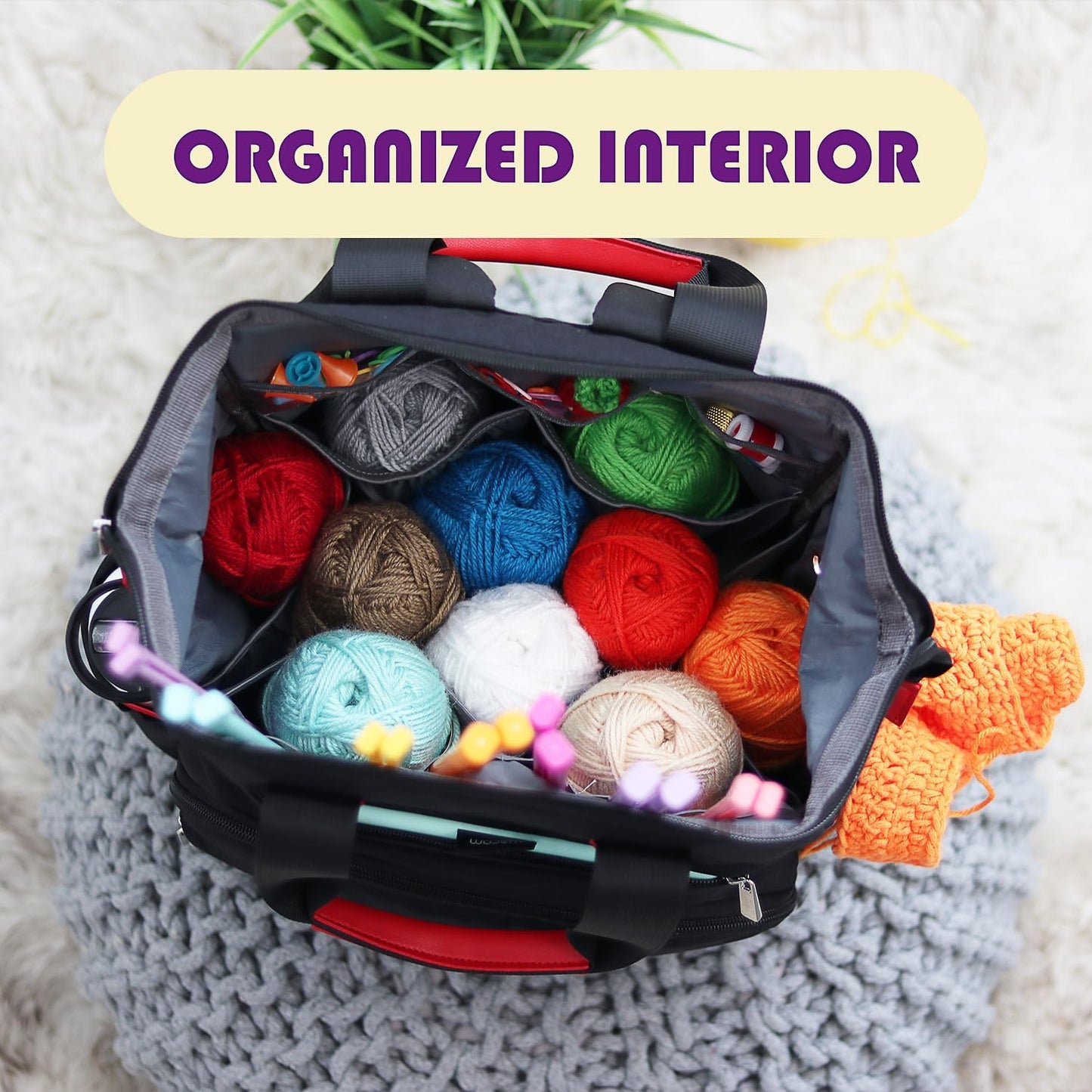Crochet Bag Organizer – Durable Knitting Bag, Yarn Organizer for Accessories and Supplies, Canvas Yarn Holder, Crochet Carrying Case with Accessories Pouch, Storage Organizer –Mustard