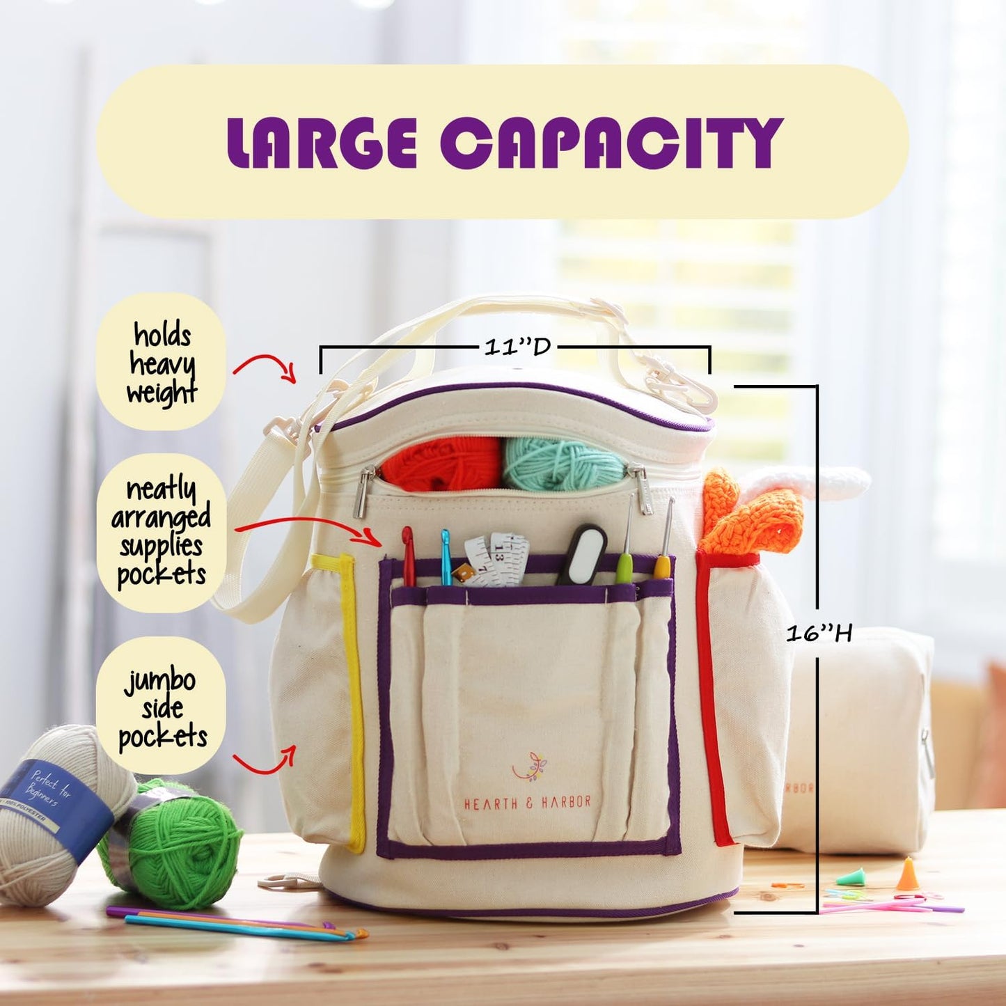 Crochet Bag Organizer – Durable Knitting Bag, Yarn Organizer for Accessories and Supplies, Canvas Yarn Holder, Crochet Carrying Case with Accessories Pouch, Storage Organizer –Mustard