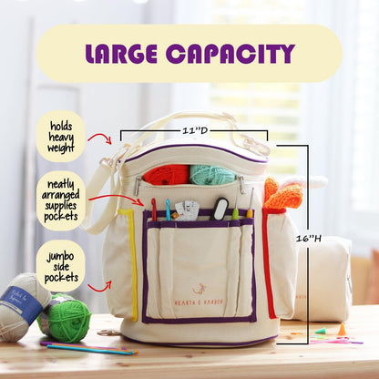Crochet Bag Organizer – Durable Knitting Bag, Yarn Organizer for Accessories and Supplies, Canvas Yarn Holder, Crochet Carrying Case with Accessories Pouch, Storage Organizer –Mustard