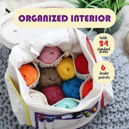 Crochet Bag Organizer – Durable Knitting Bag, Yarn Organizer for Accessories and Supplies, Canvas Yarn Holder, Crochet Carrying Case with Accessories Pouch, Storage Organizer –Mustard