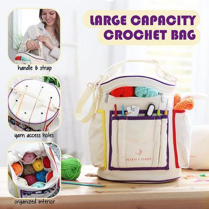 Crochet Bag Organizer – Durable Knitting Bag, Yarn Organizer for Accessories and Supplies, Canvas Yarn Holder, Crochet Carrying Case with Accessories Pouch, Storage Organizer –Mustard