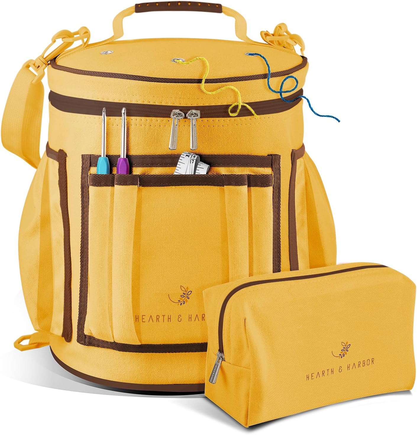 Crochet Bag Organizer – Durable Knitting Bag, Yarn Organizer for Accessories and Supplies, Canvas Yarn Holder, Crochet Carrying Case with Accessories Pouch, Storage Organizer –Mustard