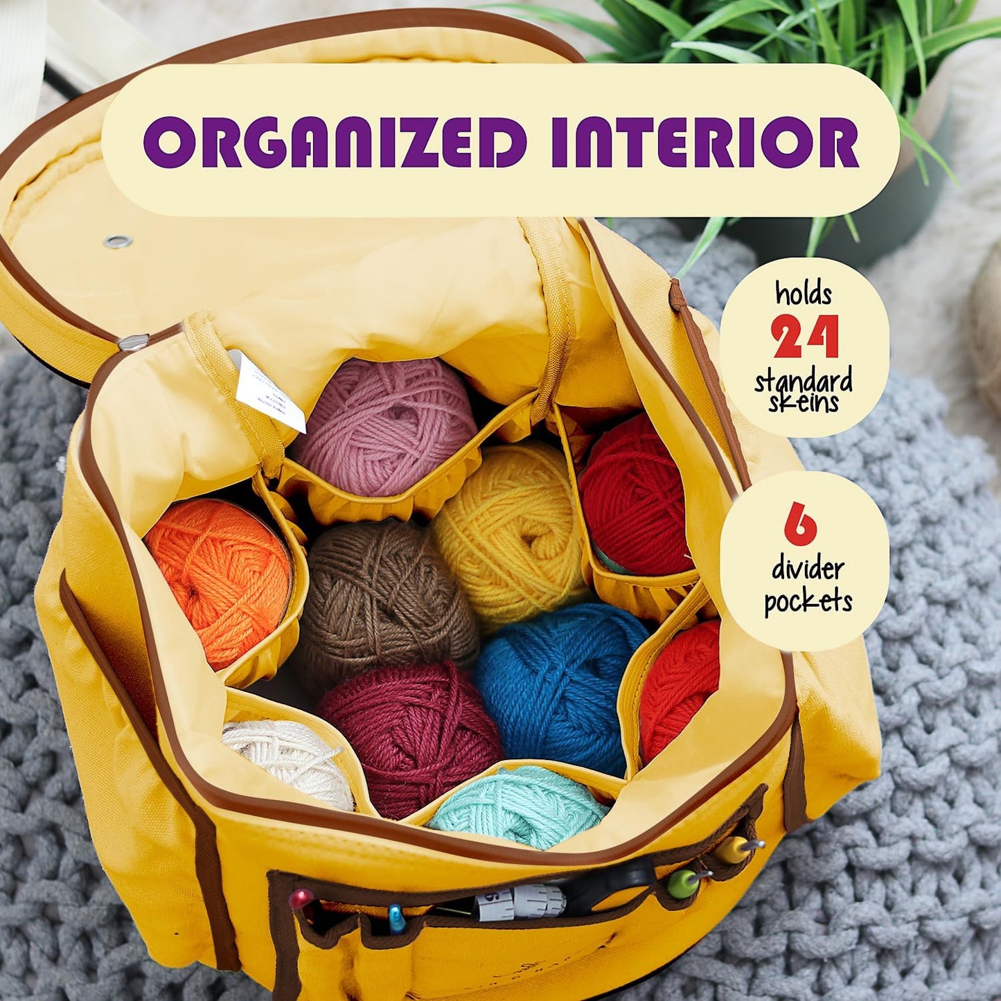 Crochet Bag Organizer – Durable Knitting Bag, Yarn Organizer for Accessories and Supplies, Canvas Yarn Holder, Crochet Carrying Case with Accessories Pouch, Storage Organizer –Mustard
